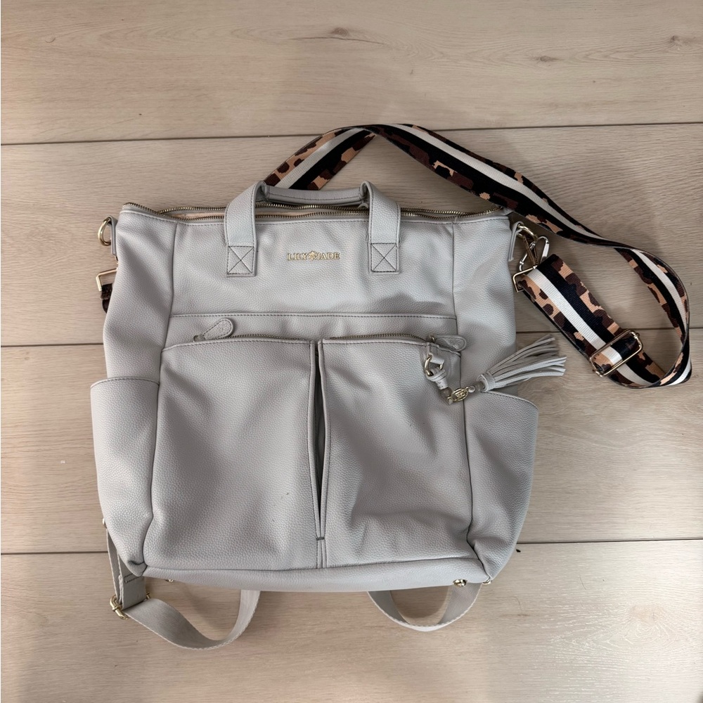 Lilly and Jade Gray Leather Diaper Bag with Leopard Strap